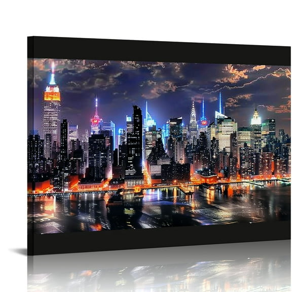 ARISTURING  New York City Canvas Wall Art Manhattan Skyline at Night Picture Prints Framed NYC Skyline Landscape Artwork Modern Canvas Print Art for Home Office Living Room 20x16in