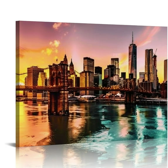 ARISTURING New York City Wall Art Bedroom Brooklyn Bridge Cityscape Skyline Wall Decor Modern Canvas Prints for Office NYC Downtown Pictures Skyscraper Panoramic Artwork Living Room 20x16in