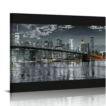 ARISTURING  New York Manhattan Night View in Black and White Giclee Canvas Prints Modern Stretched and Framed Art work Cityscape Pictures Paintings on Canvas Wall Art for Bedroom  20x16in