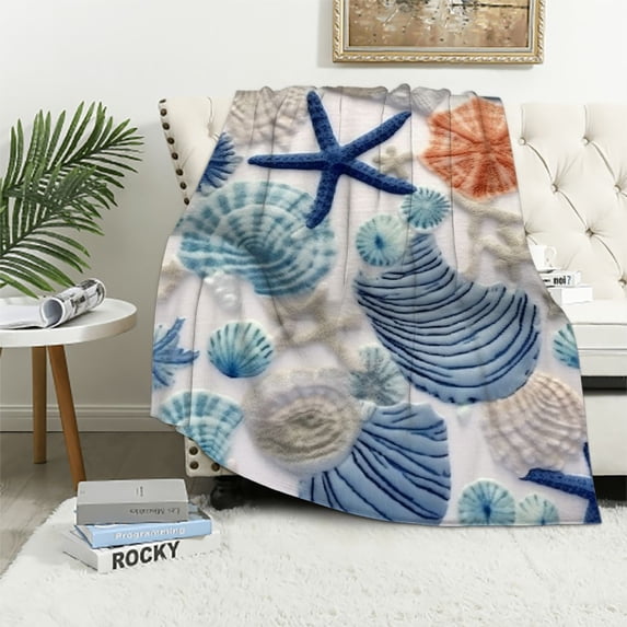 ARISTURING Ocean Life Coastal Throw Blanket: Soft Plush Velvet Calming Hues of Blues Beige on White, Accent for Sofa Couch Chair Bed or Dorm (Coastal Shells)