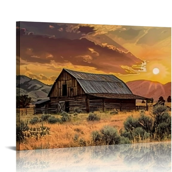 ARISTURING Old Barn Mountain Sunset Canvas Wall Art Picture Painting Print- Large Vintage Barn Canvas Artwork Wall Decor for Farmhouse Living Room Office