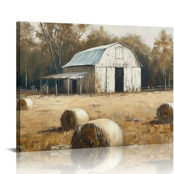ARISTURING Old Barn Prints Farmhouse Decor, Fall Farm Scene Pictures for Wall, Country Artwork, Rural Wall Art, Wheat Field Straw Bales Painting on Canvas for Kitchen Dining Room Living Room