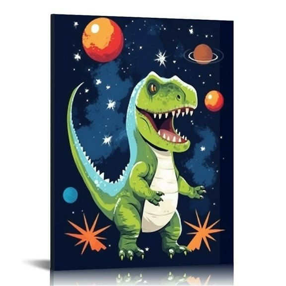 ARISTURING Outer Space Dinosaur Room Decor,Solar System Stars Wall Canvas Poster,Planet Astronaut Art Print,Rocket Decor for Boys Room Toddler Kids Room Classroom Space Decor 12x16 in