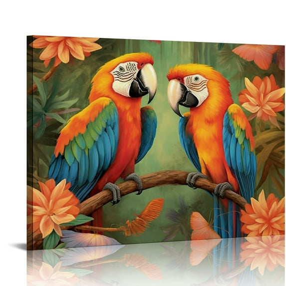 ARISTURING Parrot Paintings Canvas Wall Art Hawaii Parrot Bird Picture Artwork Tropical Leaves Animal Print Poster for Home Living Room Bedroom Wall Decor Framed Ready to Hang