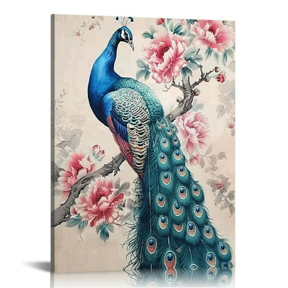 ARISTURING  Peacock Canvas Wall Art Blue Peacock Feather Painting Prints Elegant Flowers Animal Picture Vintage Artwork for Bedroom Living Room
