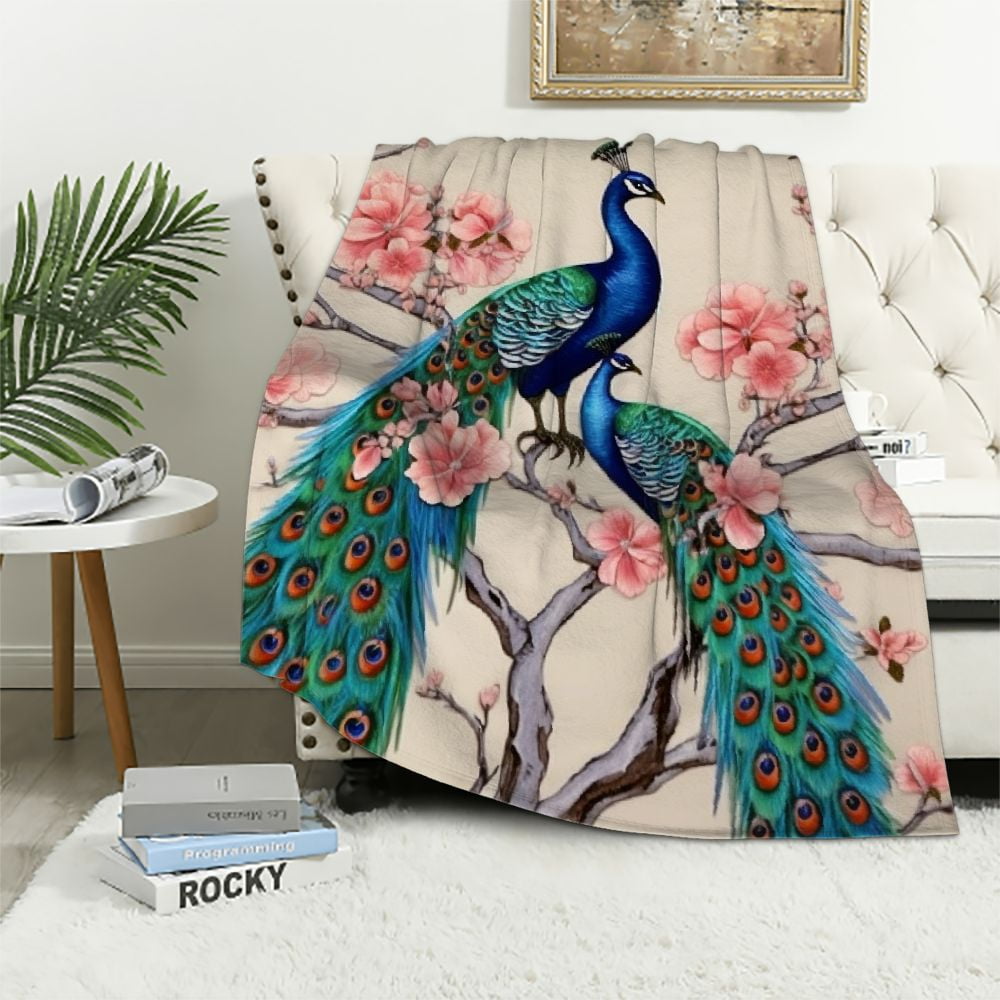 HENGT Peacock Feather Throw Blanket,Peach Blossom Bed Blanket for Kids