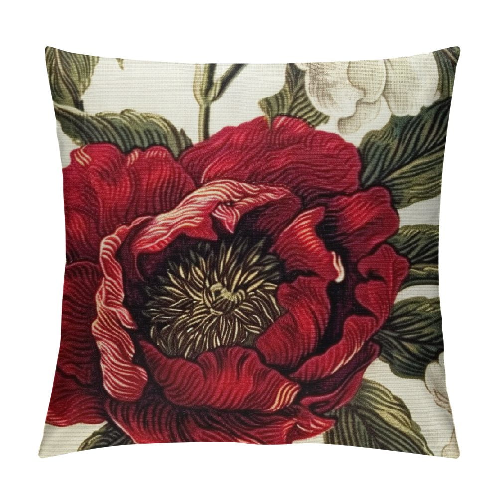 ARISTURING Peony Flower Throw Pillow Covers Red and White Floral ...