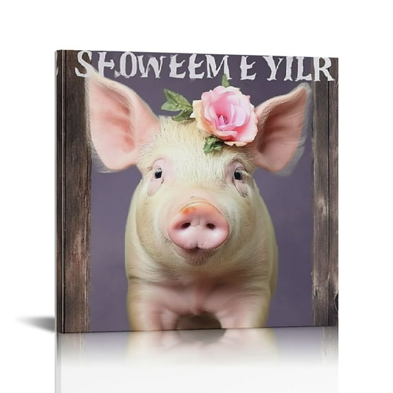ARISTURING Pig Art Pig with Flower Crown Poster Decorative Painting Cute Pig and Lavender Picture Wall Decor Pig Canvas Wall Art Bedroom Home Framed Painting (Wooden frame PIG)