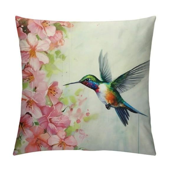 ARISTURING Pillow Covers Flying Hummingbird and Pink Flowers Oil Painting Throw Pillow Covers Decor for Couch Bedroom Living for Men Women