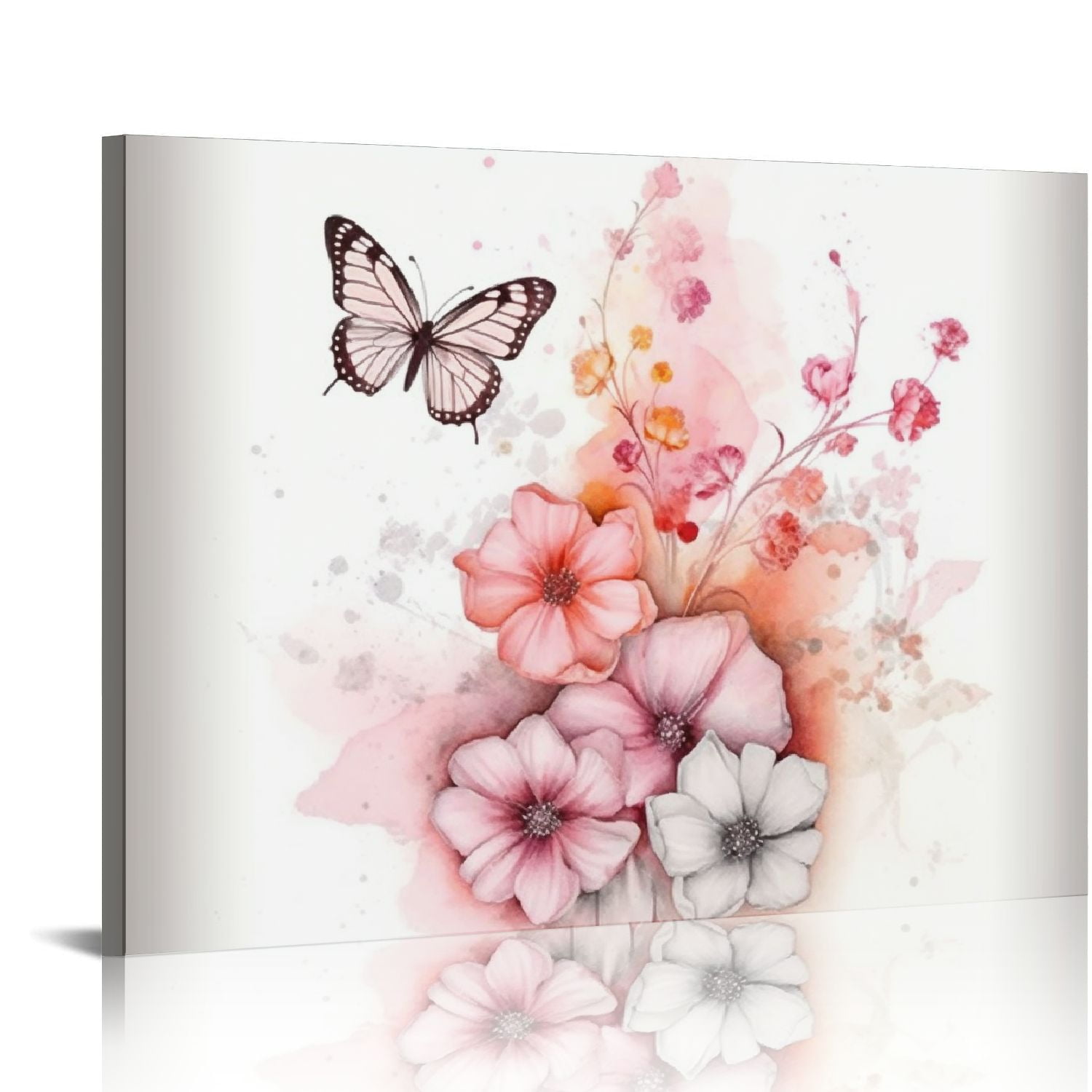 ARISTURING Pink Flower Wall Art Pink Butterfly Grey Leaf Canvas Wall