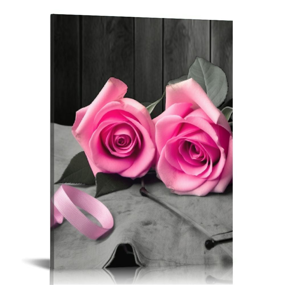 ARISTURING Pink Rose Bathroom Wal Art Pink Flower Wall Decoron Black ...