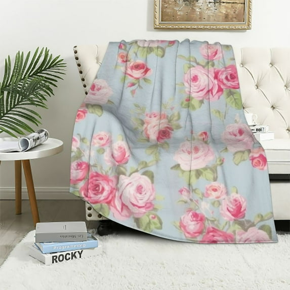 ARISTURING Pink Rose Floral Blanket Gifts for Women Girls Chic Flowers Romantic Vintage Style Spring Throw Blankets for Bed Room Couch Soft Lightweight Warm Cozy Decor