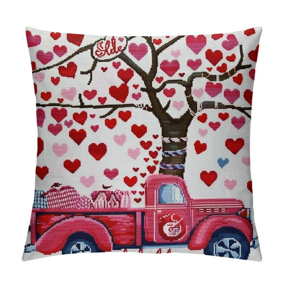 ARISTURING Pink Truck Valentines Pillow Covers, Love Birds Heart Tree Decorations Outdoor Throw Pillow Covers, Square Pillowcases for Patio Sofa Couch Bedroom Decorative