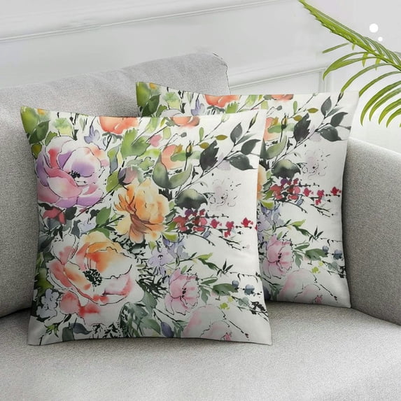 Jiayy Pink Vintage Decorative Pillow Covers, Pink Flowers and Leaves On Beige Watercolor Floral Throw Pillow Covers Sofa Cushion Cover Square (Set of 2)