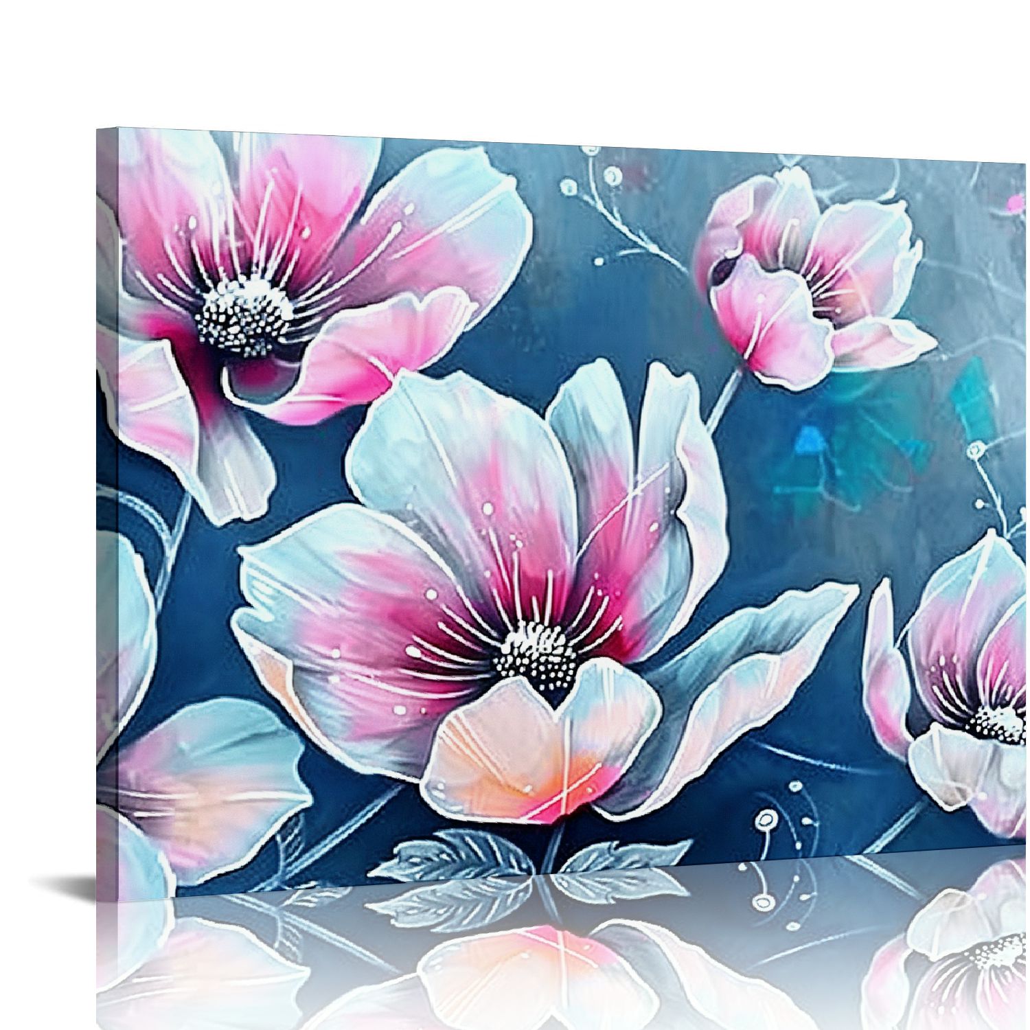 ARISTURING Pink and White Flower Wall Art Grey Blue Canvas Prints Large ...