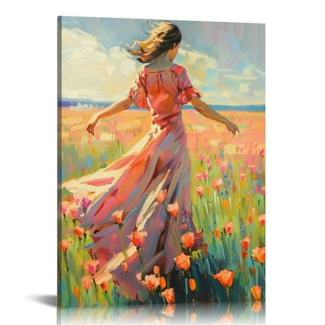 ARISTURING Portrait Flower Canvas Wall Art Woman Dancing in a Field of