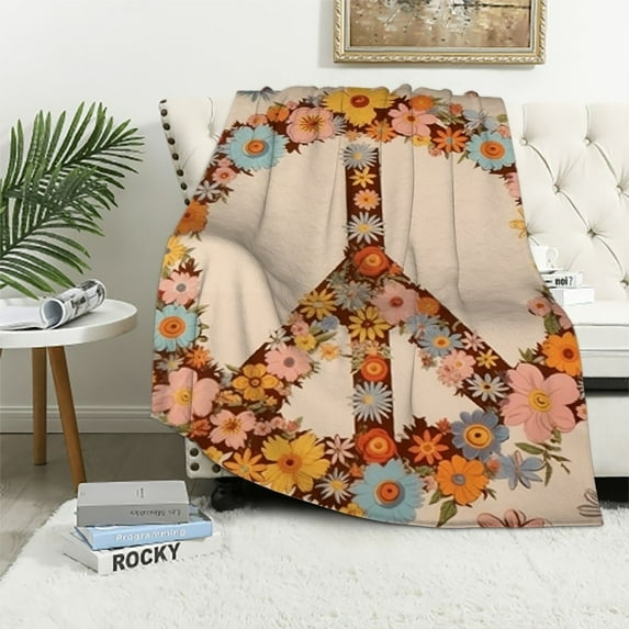 ARISTURING Retro 70s 60s Hippie Plush Blanket,Groovy Flowers Butterfly Honeybee Bed Blanket Home Decor Gift,Floral Peace Symbol Modern Style Fuzzy Blanket Office Chair