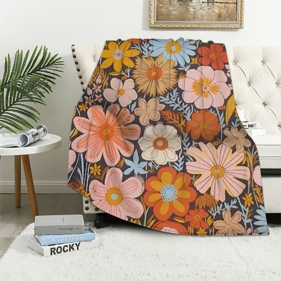 ARISTURING Retro 70s Floral Blanket, Hippie Summer Groovy Flower Power Flower Boho Print Throw Blanket for Couch Sofa Couch Chair