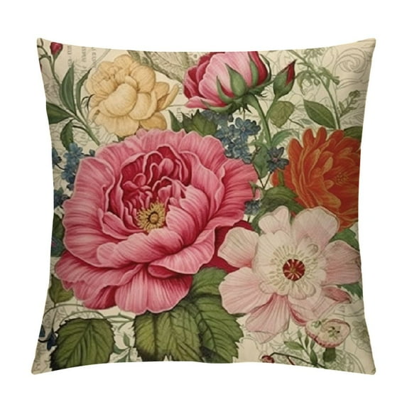 ARISTURING Retro Flower Throw Pillow Covers Peony Rose Home Decorative Pillow Covers Vintage Cushion Cases Square Pillowcase Pink&White Flower