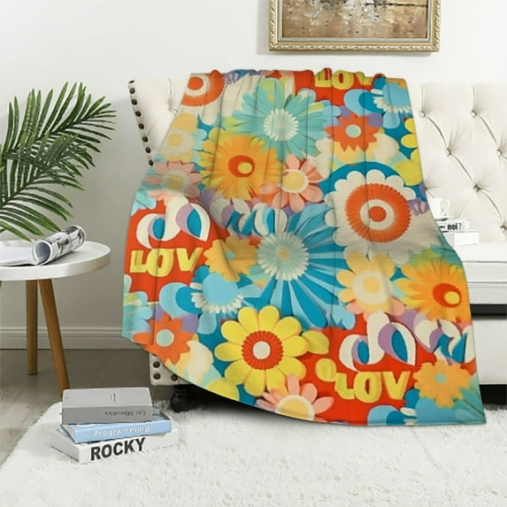 HENGT Retro Hippie Flower Throw Blanket 60S 70S Groovy Plush Blanket for Bed Sofa Couch Light Blue Rainbow Flowers Themed Plaid Sherpa Blanket Fuzzy Blanket Room Decor