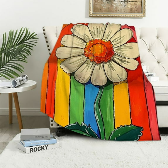 ARISTURING Retro Hippie Flower Throw Blanket for Bed Sofa Couch Kids 60S 70S Groovy Plush Blanket Room Decorative Flower Power Sherpa Blanket Orange Fuzzy Blanket Throw
