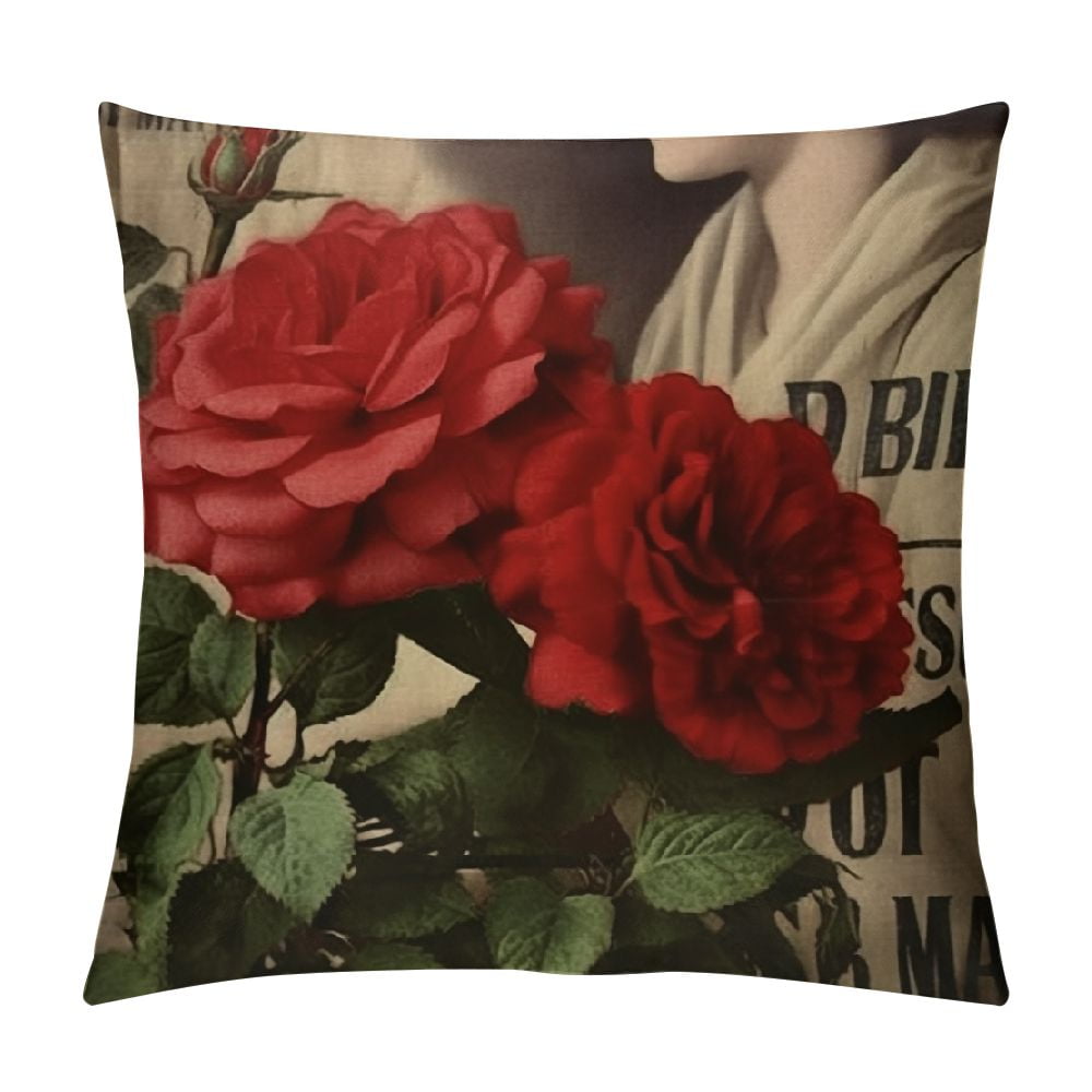 HENGT Rose Throw Pillow Cover, Blooming Red Rose with Flowers &Green Leaves Pattern Decorative