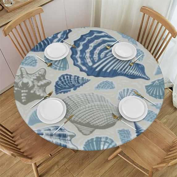 ARISTURING Round Tablecloth,Seashells Conch Decorative Circular Table Cloth Cover Washable Heat Resistant for Kitchen Dinning Holiday White