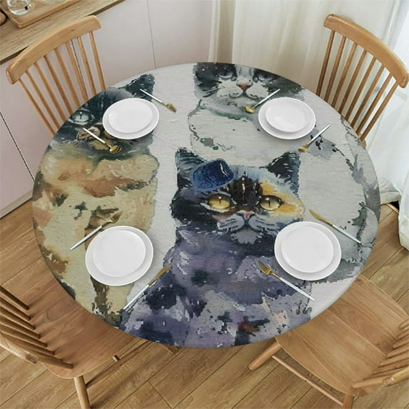 ARISTURING Round Tablecloths for Circular Table Cover Cute Cat Kitten Animal Print Washable Polyester for Dining Table, Buffet Parties and Camping White