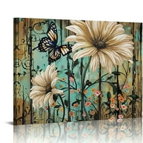 ARISTURING Rustic Bathroom Decor Daisies Flower Wall Art Canvas Country Rustic Flowers Picture Daisy Poster for Wall Farmhouse Flower Prints Teal and White Flower Canvas for Bedroom  20x16in