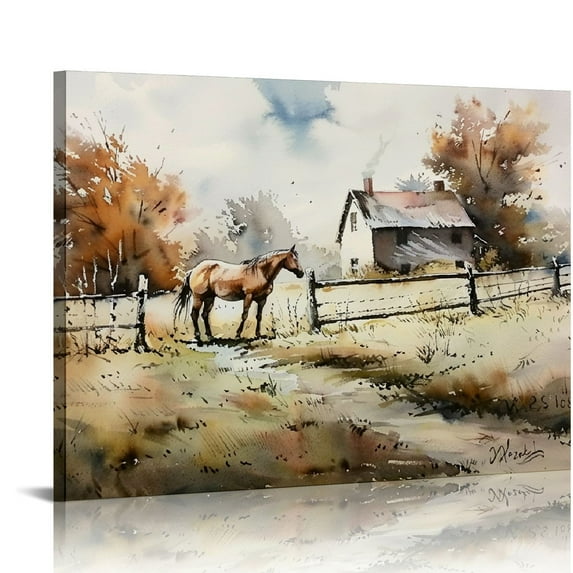 ARISTURING  Rustic Farmhouse Canvas Wall Art, Old Barns Country Road Fences Horse Painting Poster Vintage Farmhouse Picture Print for Kitchen Dining Room Decor