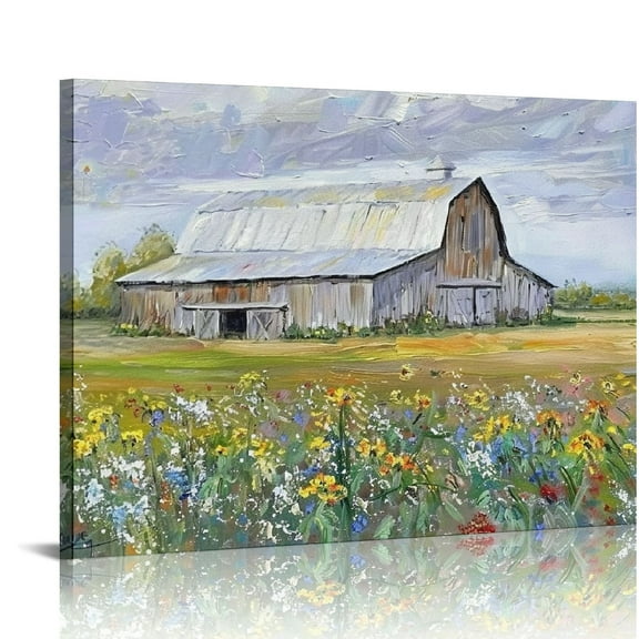 ARISTURING Rustic Farmhouse Wall Art White Barn Wall Decor Old Barn Pictures Wall Art Country Landscape Painting Poster Colorful Flowers Canvas Prints for Bathroom Kitchen Bedroom