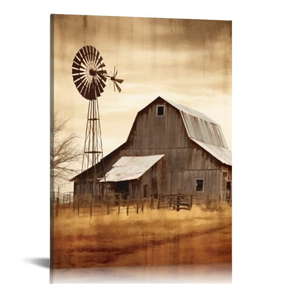 ARISTURING Rustic Old Barn Wall Art Canvas Farmhouse Windmill Barn Abstract Painting Wall Decor Framed Posters Home for Living Room Bedroom Bathroom 12x16 in