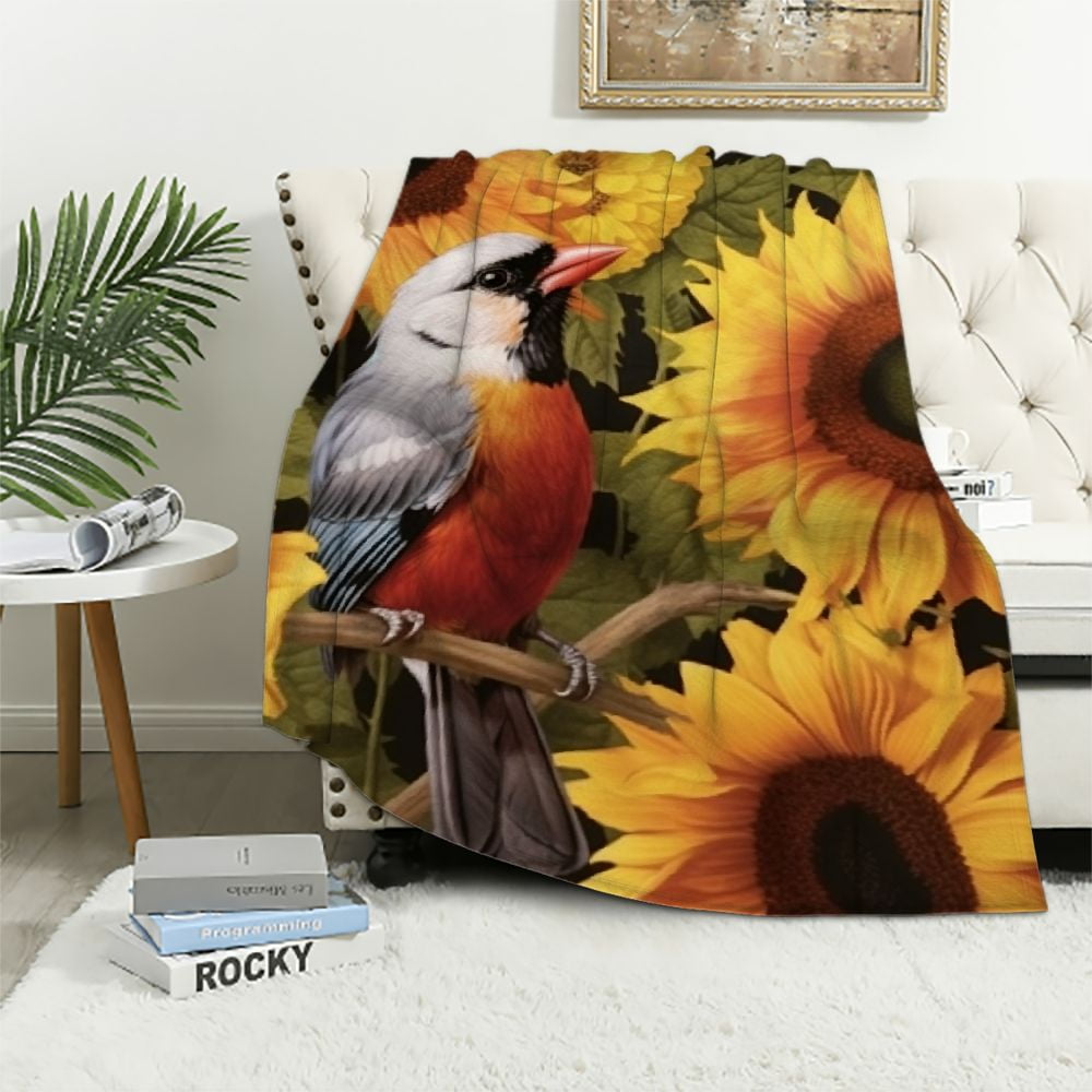 HENGT Rustic Sunflowers Floral Cardinal Birds Blanket Lightweight Cozy