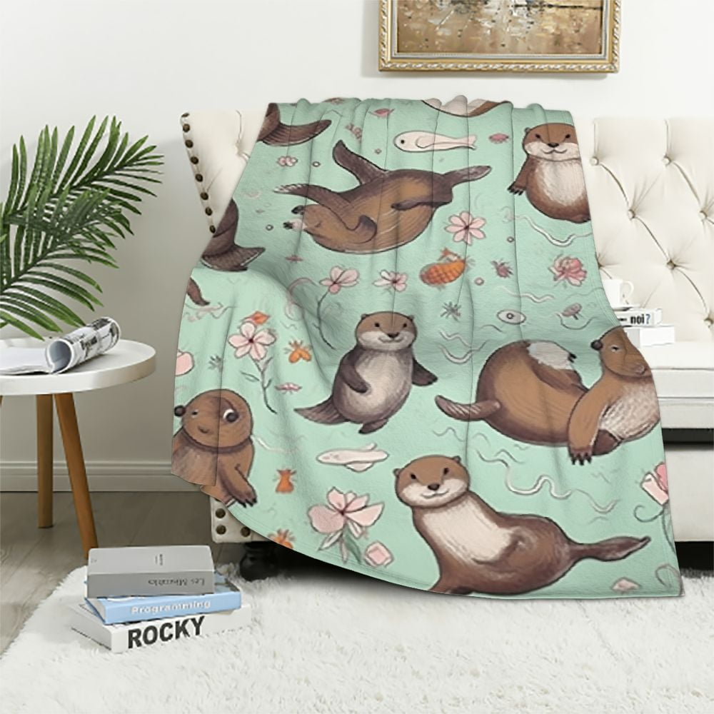 HENGT Sea Otter Novelty Throw Blanket Flannel Green Blanket for Bed