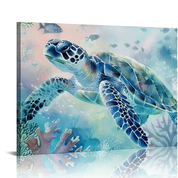 ARISTURING Sea Turtle Wall-Art for Bathroom Teal Sea Turtle with Seagrass Prints 20x16in