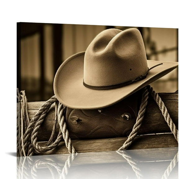 ARISTURING  Sepia Cowboy Canvas Prints American West Rodeo Wall Art Painting Rope Stetson Hat Horse Saddle Picture Prints for Office Living Room Bedroom Wall Decor Framed
