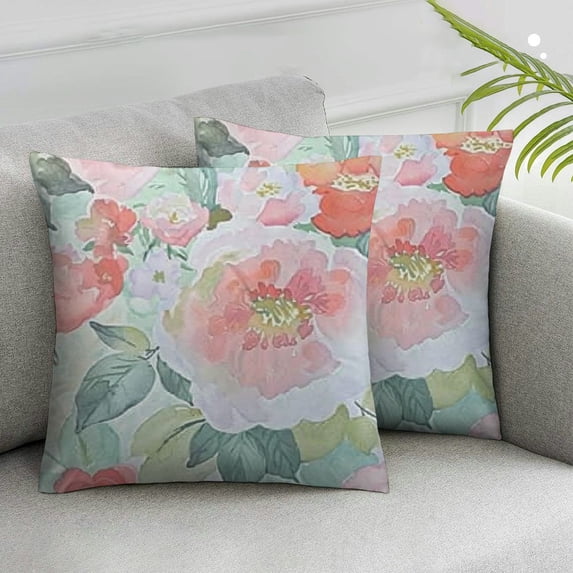ARISTURING Set of 2 Throw Pillow Covers Peonies Summer Watercolor Floral Pink Flower Pastel Mint Colorful Decorative Pillow Cases Home Decor Square Pillowcases