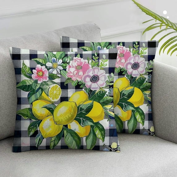 HENGT Set of 2 Lemon Wreath Summer Pillow Covers Home Outdoor Square Indoor Decorative Throw Pillows