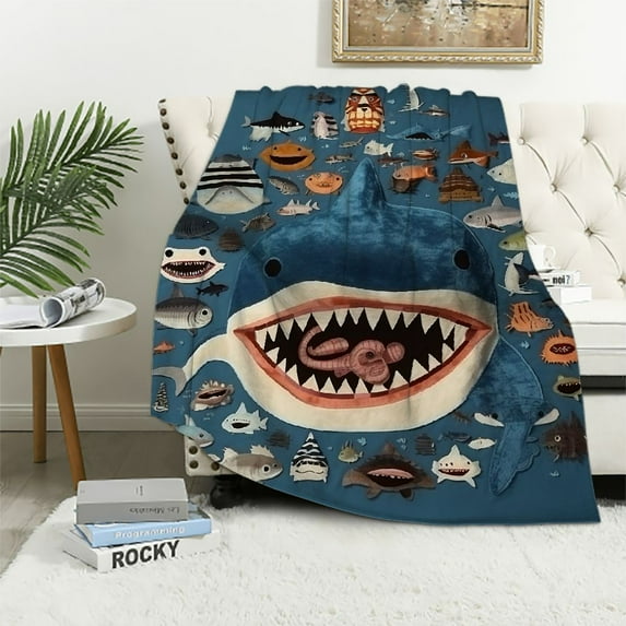HENGT Shark Blanket for Boys Girls, Kids Throw Blanket with Sharks Print for Bed Sofa Couch, Dark Blue Cozy Soft Plush Blanket Birthday Gift