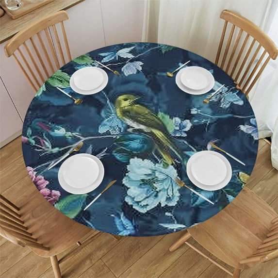 ARISTURING Spring Blue Hummingbird Retro Round Tablecloth Washable Polyester Trim,Vintage Flowers Kitchen Circle Table Cloth Cover Mat for Party Dinning Tabletop Wedding Home Decor White