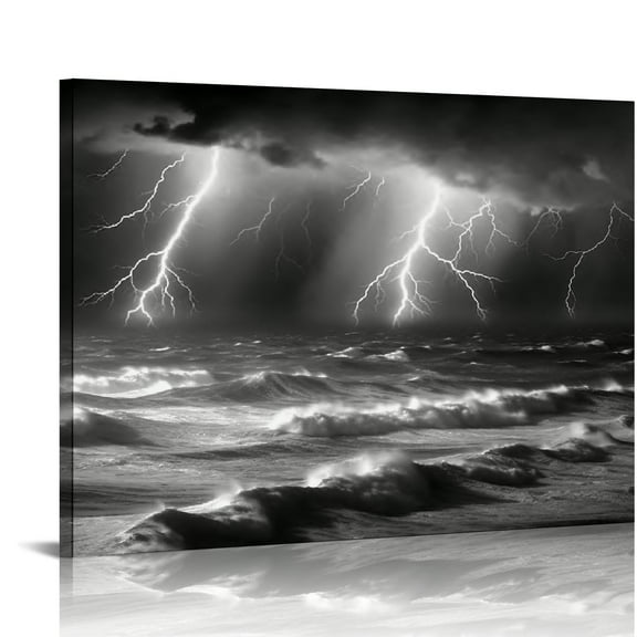 ARISTURING  Storm Sea Canvas Print Black White Ocean Lightning Wall Art Nautical Pictures Painting Nature Artwork Home Office Bathroom Bedroom Decor