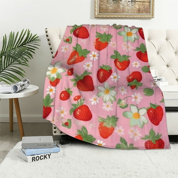 ARISTURING Strawberry Blanket, Pink Throw Blanket Gifts for Fruit Lovers, Soft Lightweight Red Strawberry Flower Flannel Blanket, Cozy Bedding Blanket for Kids Girl, Couch, Chair, Bedroom