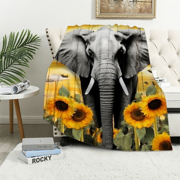 HENGT Sunflower Elephant Throw Blanket Lovely Elephant Sunflower Blanke Adults and Kids Blanket Super Soft Lightweight Flannel Blankets, All Season Warm Cozy Fuzzy Plush Blanket