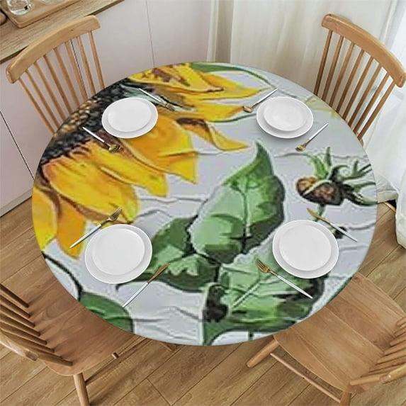 ARISTURING Sunflower Table Cloth, Yellow Spring Summer Floral Waterproof Tablecloth, Stain Resistant Dining Table Cover for Outdoor Party Picnic Round White
