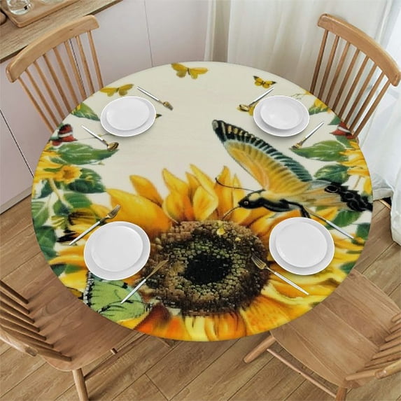 ARISTURING Sunflower Tablecloth Round Summer Yellow Farmhouse Floral Table Cloths Circular Table Cover Waterproof and Dustproof Wipeable Polyester Tabletop for Dining Kitchen Picnic Party Decor White
