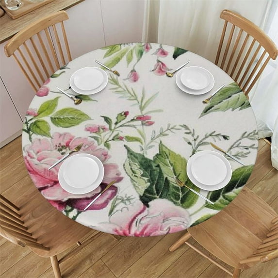 ARISTURING Table Cloth Roses Round Tablecloth Wreath Pretty Floral Pink Peony Flowers Bud Leaf Bouquet Elegance Tablecloths for Round Tables Small Round Tablecloth Table Cover for Outdoor White