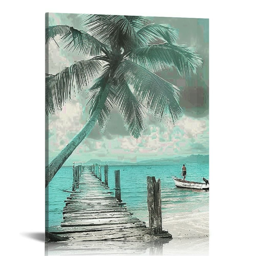 ARISTURING Teal Canvas Wall Art Ocean Lighthouse Painting Palm Tree