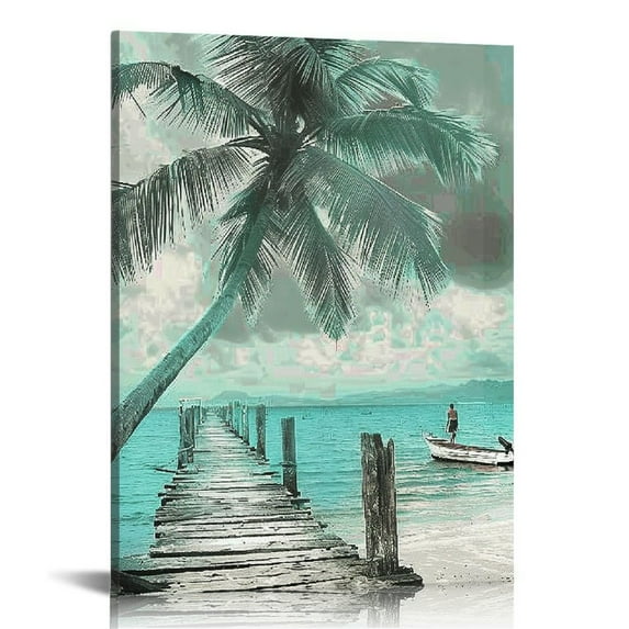 ARISTURING Teal Canvas Wall Art Ocean Lighthouse Painting Palm Tree Surfboard Pictures Framed Coastal Beach Theme Tropical Artwork for Bathroom Bedroom Living Room Home Office Wall Decor