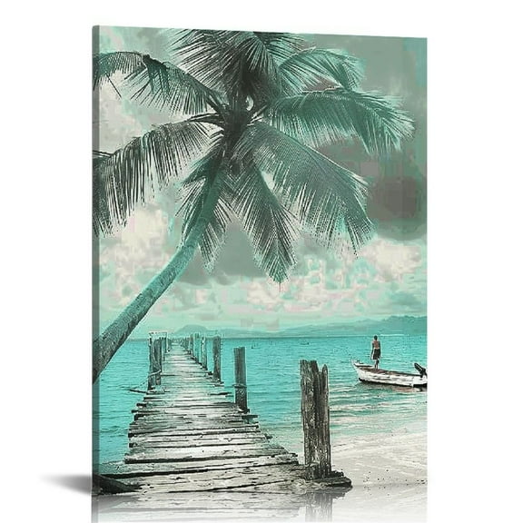 ARISTURING Teal Canvas Wall Art Ocean Lighthouse Painting Palm Tree Surfboard Pictures Framed Coastal Beach Theme Tropical Artwork for Bathroom Bedroom Living Room Home Office Wall Decor
