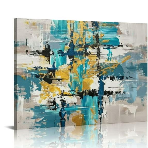 ARISTURING Teal Grey Canvas Wall Art: Blue Gray Abstract Picture for Living Room, Framed Turquoise Gold Large Painting Bedroom Office Home Decoration
